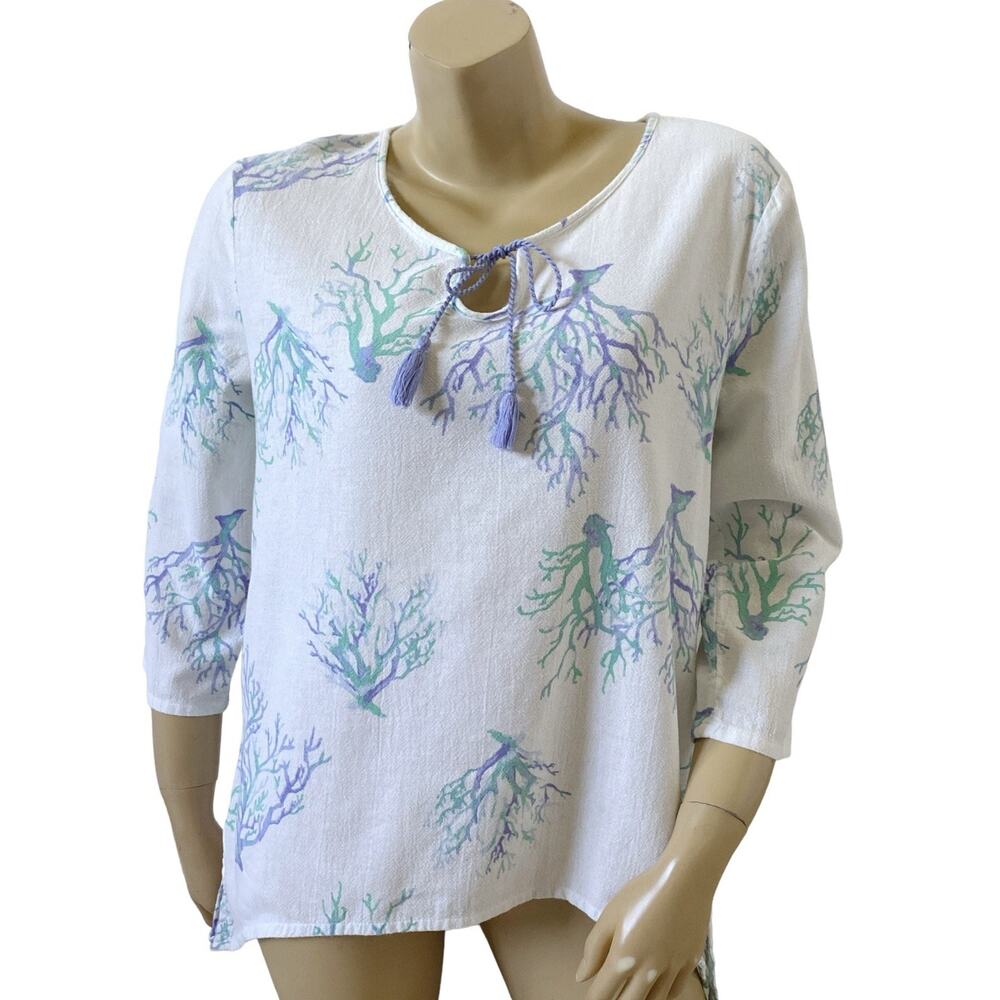Sun Bay Missy Blouse Small White Blue Tropical Keyhole 3/4 Sleeve Cotton Beach